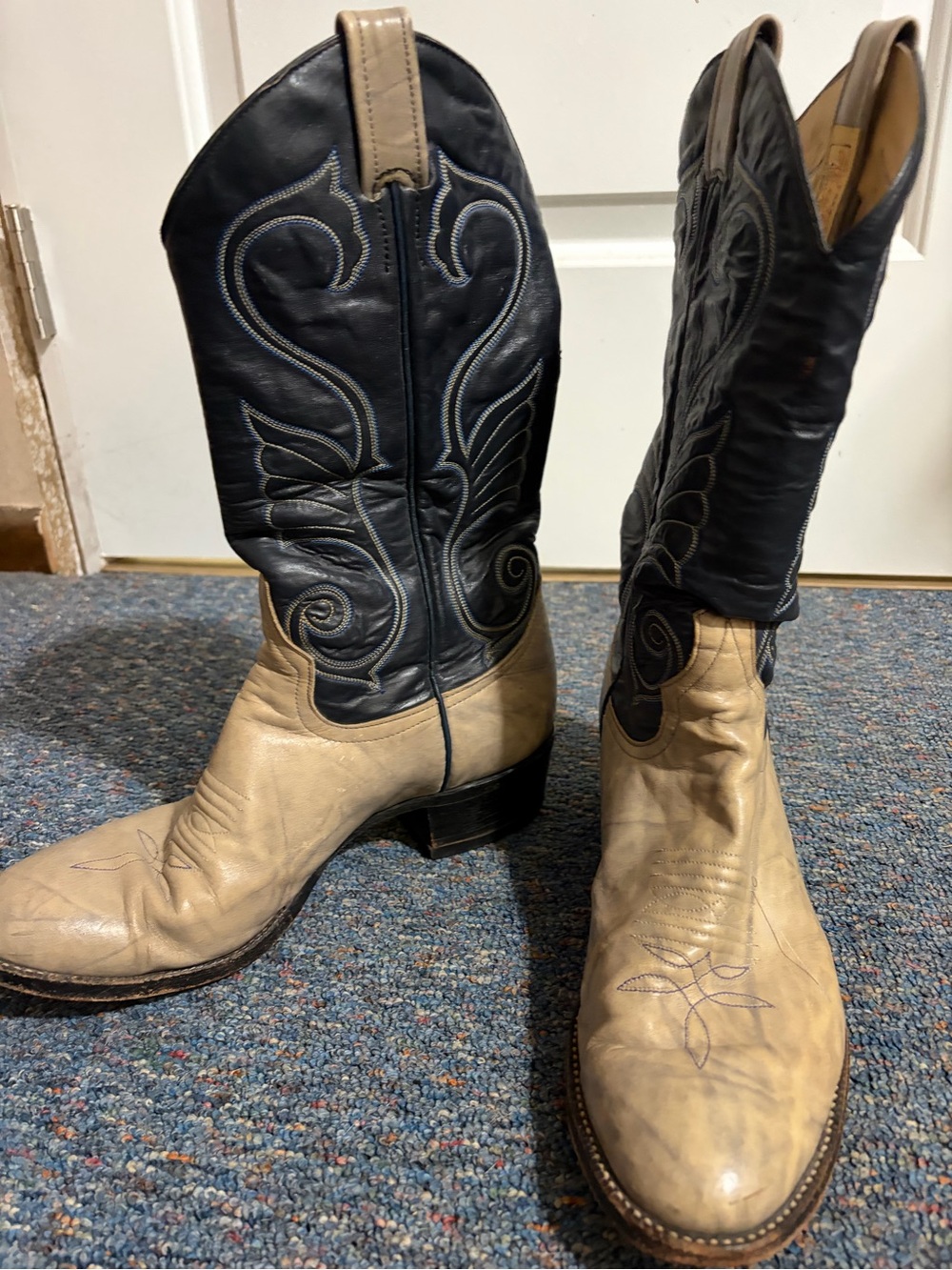 Vintage Larry Mahan Cowboy Boots Women’s 9 Tan Navy Made in Texas
